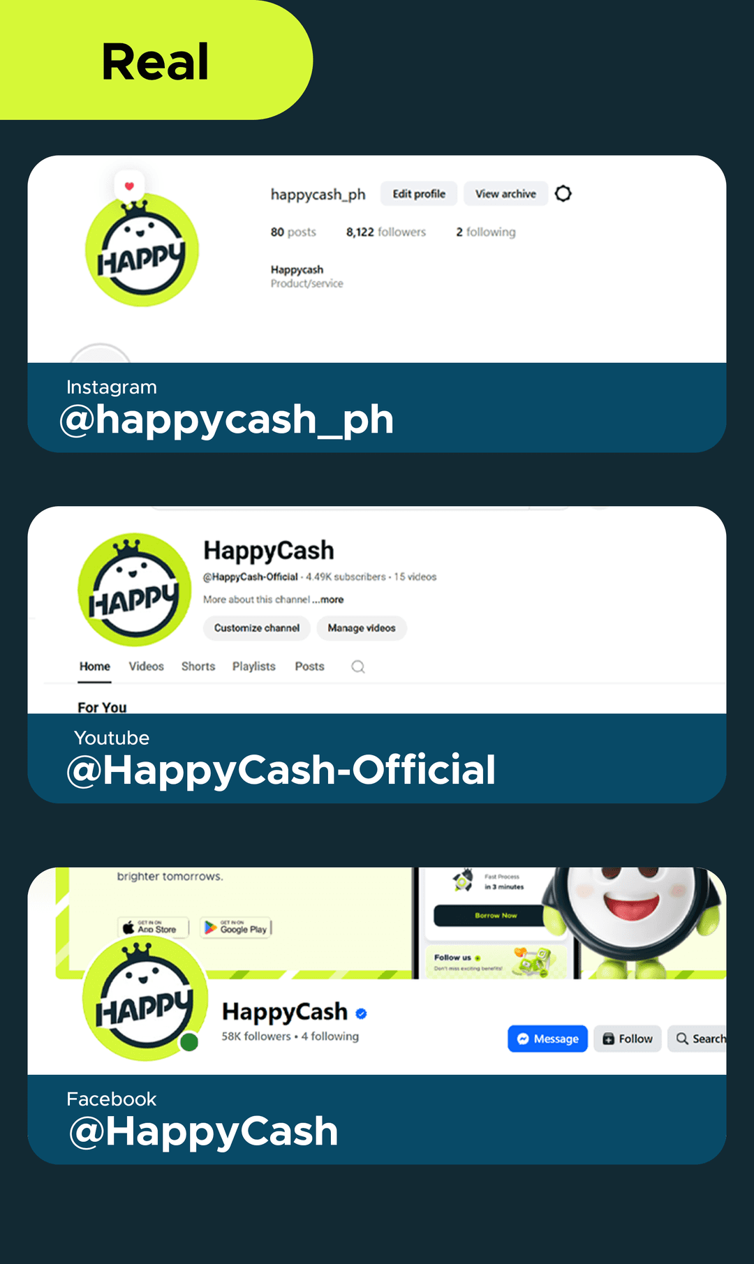 Real Happycash social media accounts